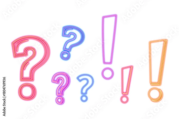Fototapeta Neon effect neon question marks and exclamation points in various colors isolated on transparent background