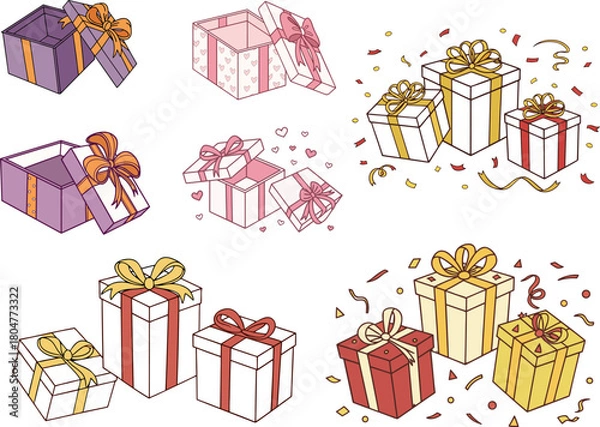 Fototapeta Hand Drawn Gift Box Vector Set with Confetti and Ribbons