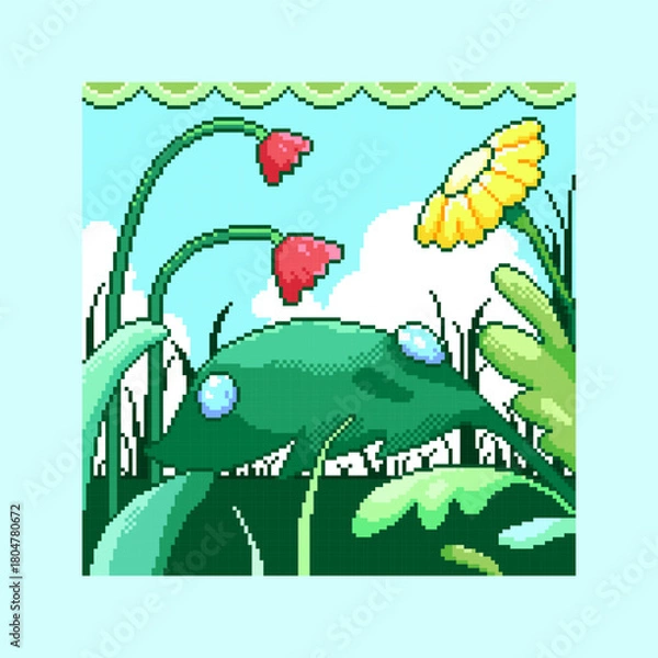 Fototapeta Pixel Art Floral Meadow Close Up Background with Dew Drops, Leaves, Flowers, Garden Nature Scene in 8 bit Retro Style Decorative Illustration