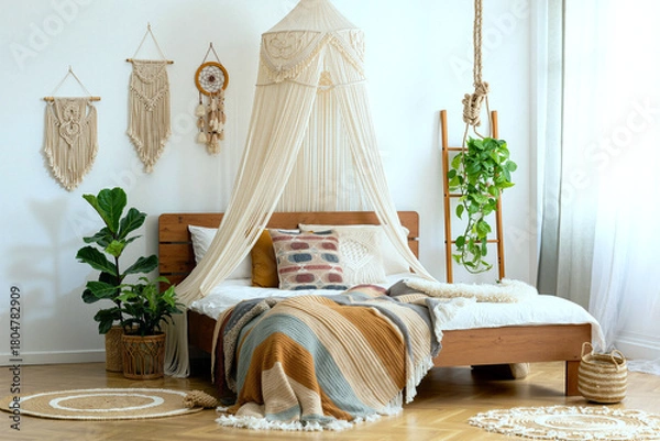 Fototapeta Boho bedroom with wooden bed, macrame canopy and wall hangings, layered textiles and indoor plants in soft light. Generative AI