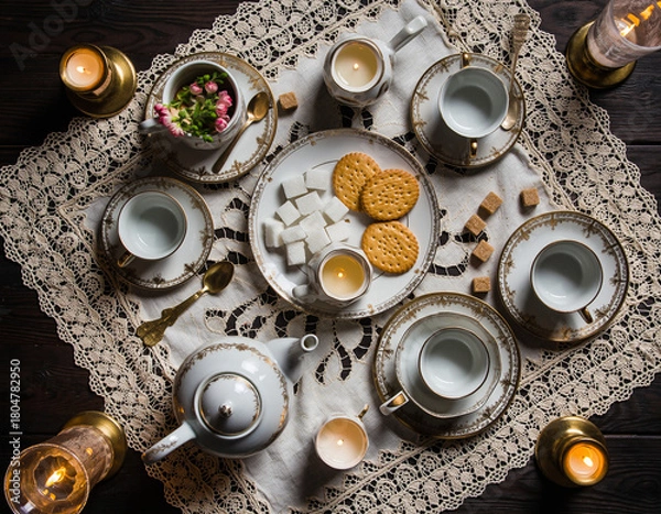Obraz Vintage Tea Table Setting with Porcelain Cups, Sugar Cubes, Biscuits and Candlelight