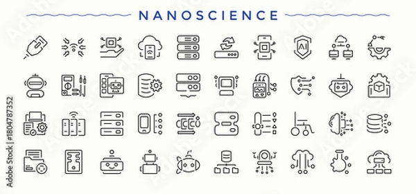 Fototapeta Nanoscience linear icon collection. Modern thin line style icons. Pack of technology, research, tech, nano, lab, innovation. Pictogram and infographic. Tech simple icon set.
