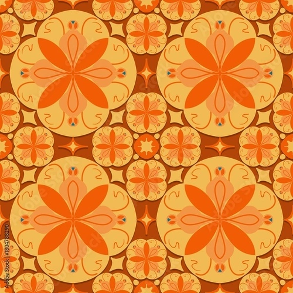 Fototapeta seamless floral pattern,orange curves ,painted create to flowershape, leaves, brown background in geometric patterns as sarong,fabric,tile,printed fabric,batik,tablecloth patterns.