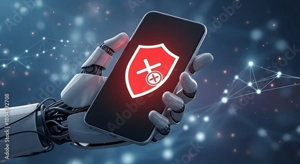 Fototapeta Artificial intelligence and cybersecurity concept, a robot hand holds a smartphone with a red shield icon symbolizing a detected threat, virus, or data vulnerability