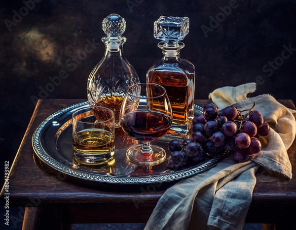 Obraz Vintage Liquor Still Life with Whiskey and Brandy Decanters on Silver Tray