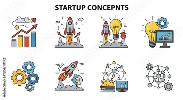 Fototapeta A dynamic collection of colorful flat line icons illustrating various startup business concepts from innovative ideas to market launch and strategic growth