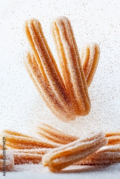 Fototapeta churros flying with cinnamon sugar dust, isolated on white background