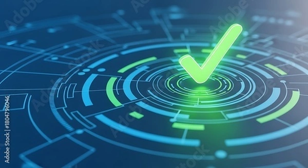 Obraz A glowing green checkmark icon on a futuristic blue digital interface representing technology approval, data security, and successful strategic validation