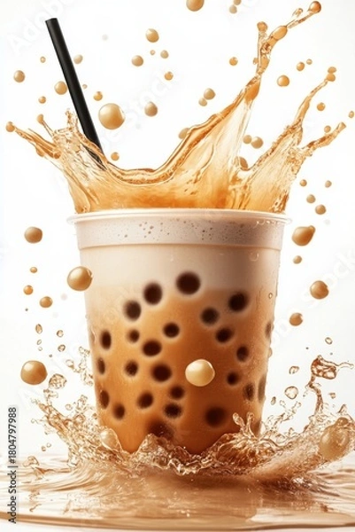 Fototapeta bubble tea splash with tapioca pearls and milk swirl, isolated on white background