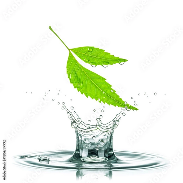 Fototapeta Green neem leaf splash in water isolated on white background, ai generated image .