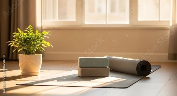 Fototapeta Peaceful home yoga setup with mat and blocks for stress management and wellness practice in the morning sunlight. A tranquil space for mindfulness and exercise