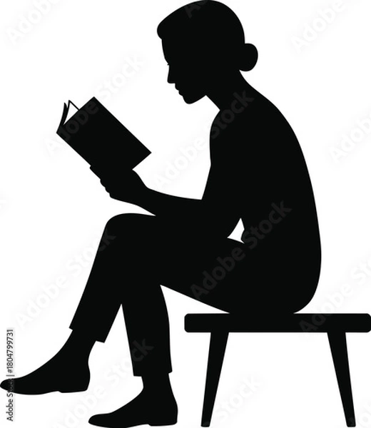 Obraz Silhouette of a woman sitting on a stool and reading a book vector illustration
