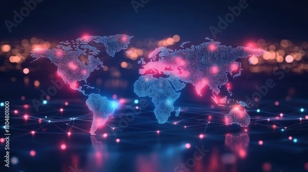 Fototapeta Abstract hologram world map with glowing data points