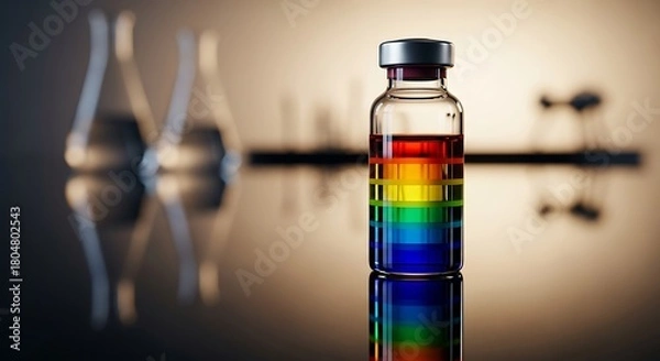 Obraz Vial of multicolored medicine representing a universal vaccine solution in a clinical laboratory setting with scientific equipment