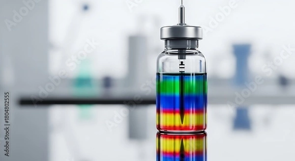 Fototapeta A glass vial filled with a vibrant rainbow-colored liquid vaccine, with a syringe needle ready for injection in a sterile clinical laboratory