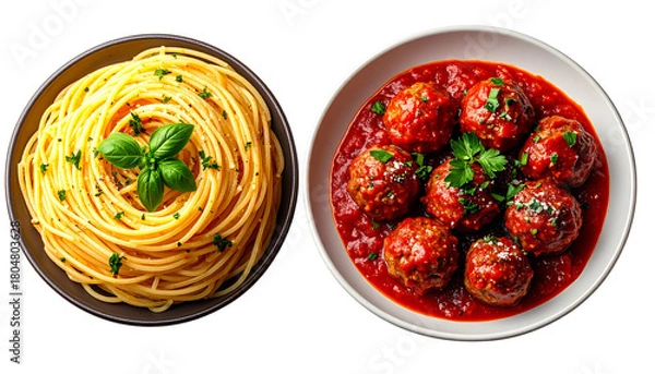 Fototapeta 2. Italian Pasta Variations Featuring Spaghetti Nest and Meatballs isolated on transparent background