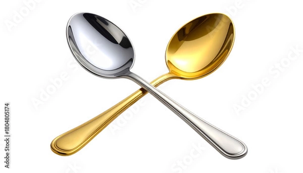 Fototapeta 1. Silver and Gold Spoon-Fork Crossed Set isolated on transparent background