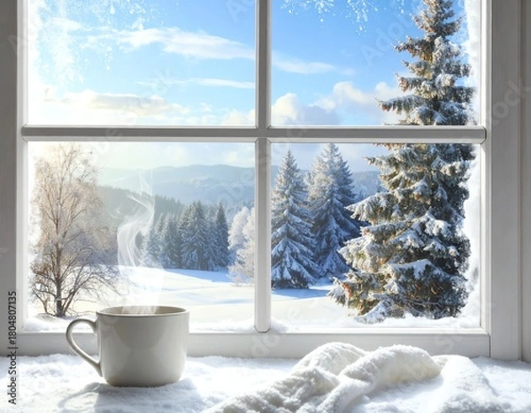 Obraz Cozy winter view from a snowy window.