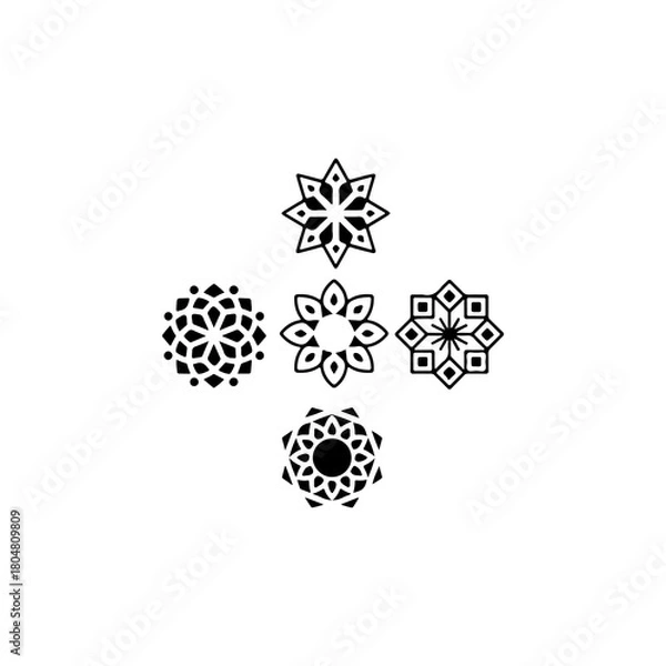 Obraz bundle of 5 geometric mandala icons, solid black fill, vector