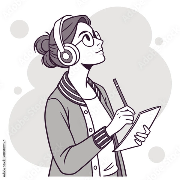 Fototapeta Woman's Thoughtful Contemplation: A stylish woman with glasses, headphones, and a pencil engages in deep thought, her gaze directed towards the upper right