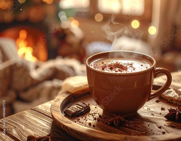 Obraz Warm cup of coffee by a cozy fireplace.