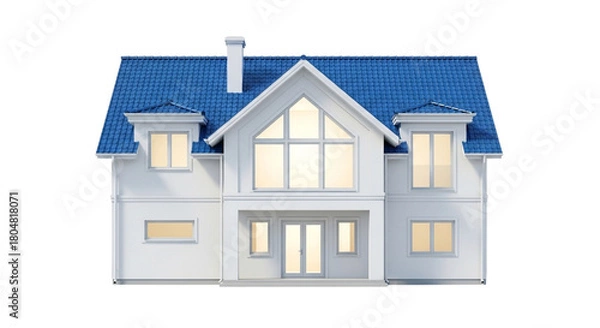 Obraz Modern white house with a blue roof and large windows, isolated on transparent background