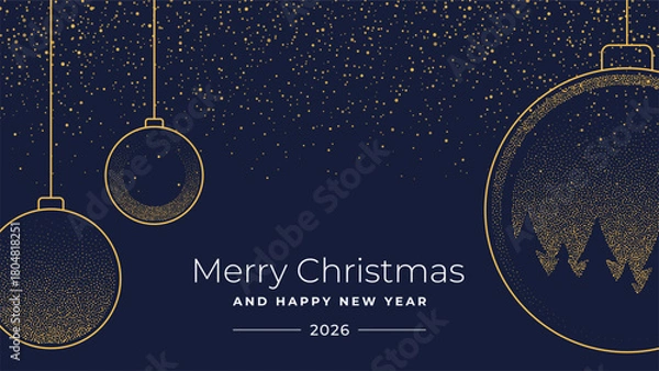 Obraz Merry Christmas and Happy New Year 2026 greeting card with gold twinkling ornaments against a dark blue background with starry texture.