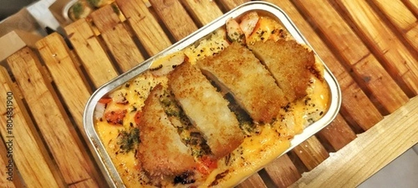 Fototapeta Crispy Chicken Katsu with Japanese Rice Mentai Sauce Served in a Alumunium Foil Container on Wood Table. Culinary Business Concept. Food Photography Presentation