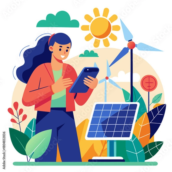 Obraz Woman interacting with renewable energy technology