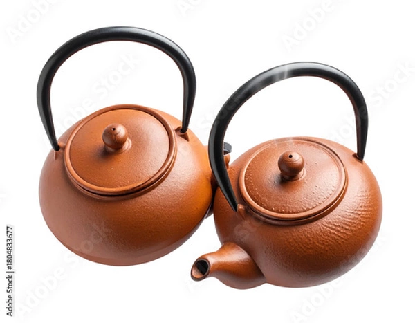 Fototapeta  Minimalist Floating Teapot Pair with Soft Vertical Steam Columns, Overhead Perspective, Isolated PNG.