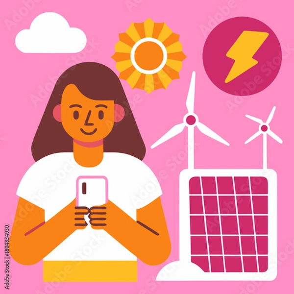 Obraz Woman with phone and renewable energy symbols solar power