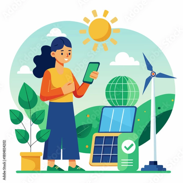 Obraz Woman with renewable energy and digital checkmark solar panel