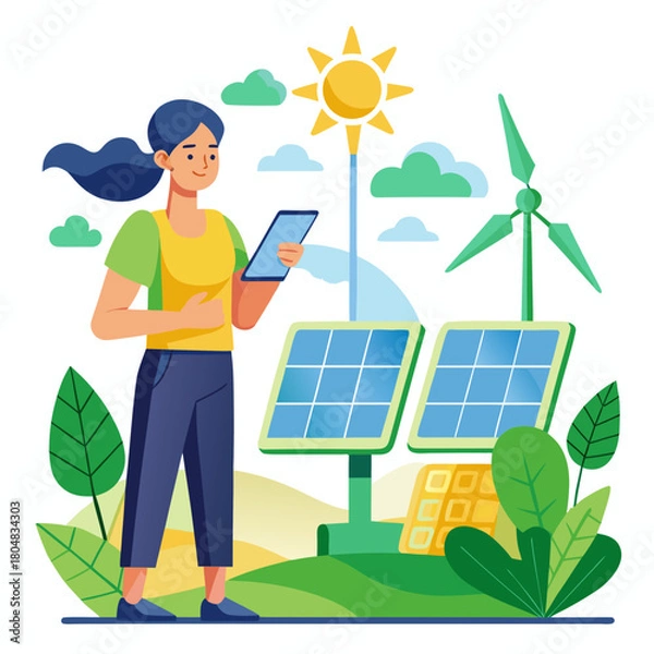 Obraz Woman with smartphone and multiple solar panels Keywords: woman, smartphone, solar panels, wind