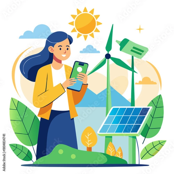 Obraz Woman with smartphone near solar panel and wind turbines in mountains