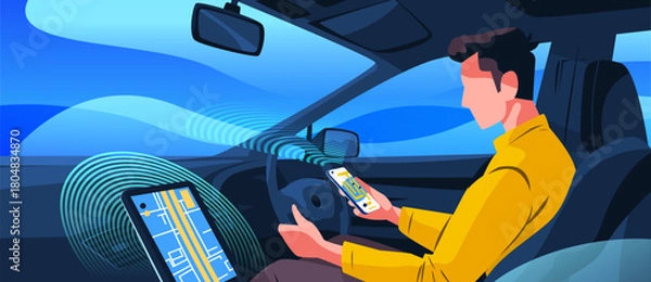 Obraz Autonomous car self driving technology man using smartphone digital dashboard navigation blue abstract background modern transportation concept