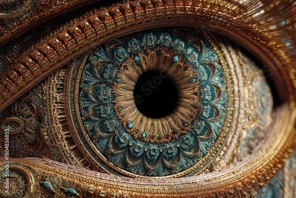 Obraz Intricately designed eye resembles mechanical structure, featuring gold and turquoise hues, symmetrical patterns, with a central black pupil surrounded by detailed metallic filigree elements