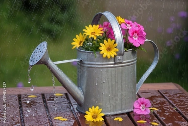 Obraz A watering can that collects rain and flowers grow from the holes for water.