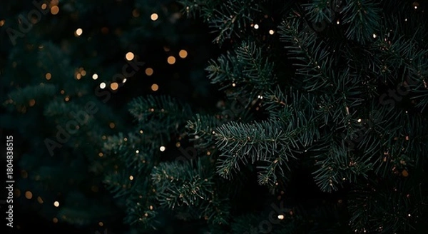 Obraz Close up shot of a christmas tree with small lights illuminating the dark background