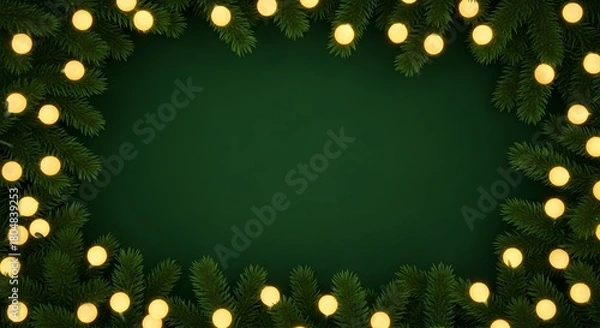 Obraz A christmas frame with pine branches and yellow lights on a dark green background space