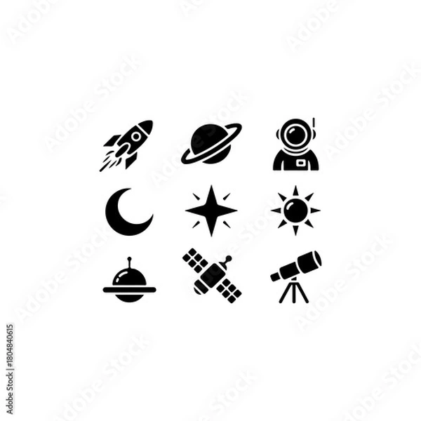 Obraz .collection  icons  rocket, planet, astronaut, solid black fill,  vector