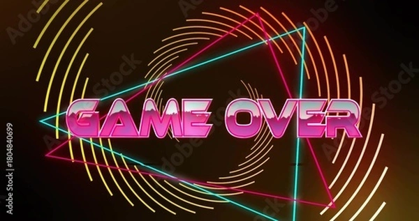 Obraz Displaying neon-pink GAME OVER text on dark gradient, with cyan-magenta triangle and yellow arcs