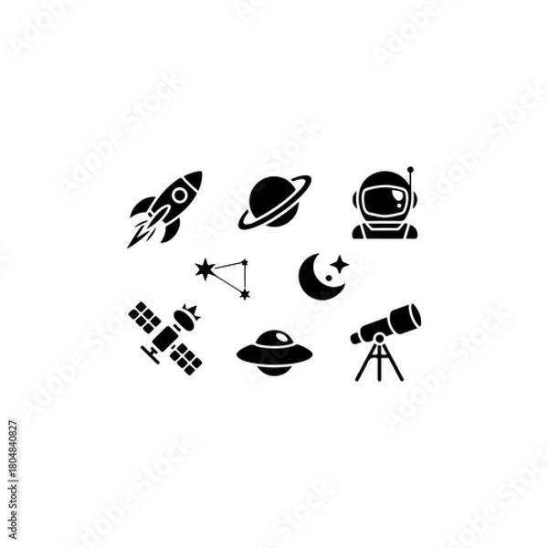 Obraz .collection  icons  rocket, planet, astronaut, solid black fill,  vector