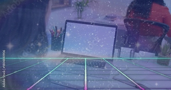 Obraz Displaying laptop centered on desk in office, neon grid overlay with pens, red-top coworker