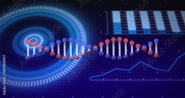 Obraz Displaying stylized DNA helix moving across dashboard, showing circular HUD, bar chart, line graph