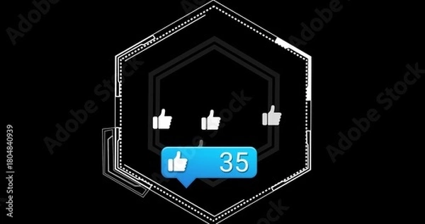Fototapeta Displaying layered hexagonal UI on digital canvas, showing white thumbs-up and blue badge 35