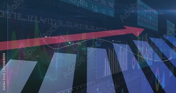 Obraz Displaying financial dashboard showing rising trend in trading platform, red arrow and bar charts