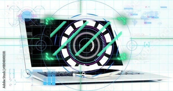 Obraz Displaying slim silver laptop projecting circular HUD overlay on white tabletop, with smartphone