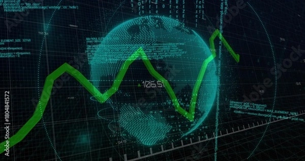Fototapeta Displaying teal wireframe globe rotating in digital HUD, with bright green trend line and readouts
