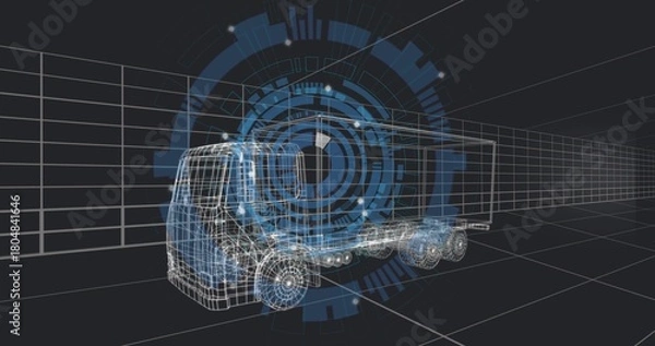 Obraz Rendering wireframe tractor-trailer model highlighting wheels, chassis and HUD overlay in 3D studio
