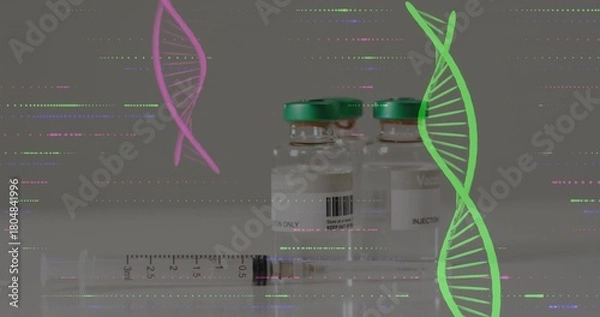 Fototapeta Showing two vaccine vials green caps, syringe resting on lab bench, pink green DNA glitch lines